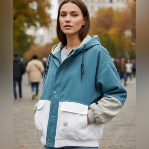 Zaful |  Blue,White & Gray Hooded Zip Up Jacket Sz L